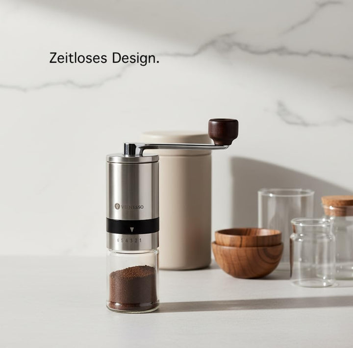 Kaffeemühle manuell aus Edelstahl - Handkaffeemühle mit Keramikmahlwerk & 6 Mahlstufen | kompakte Ka