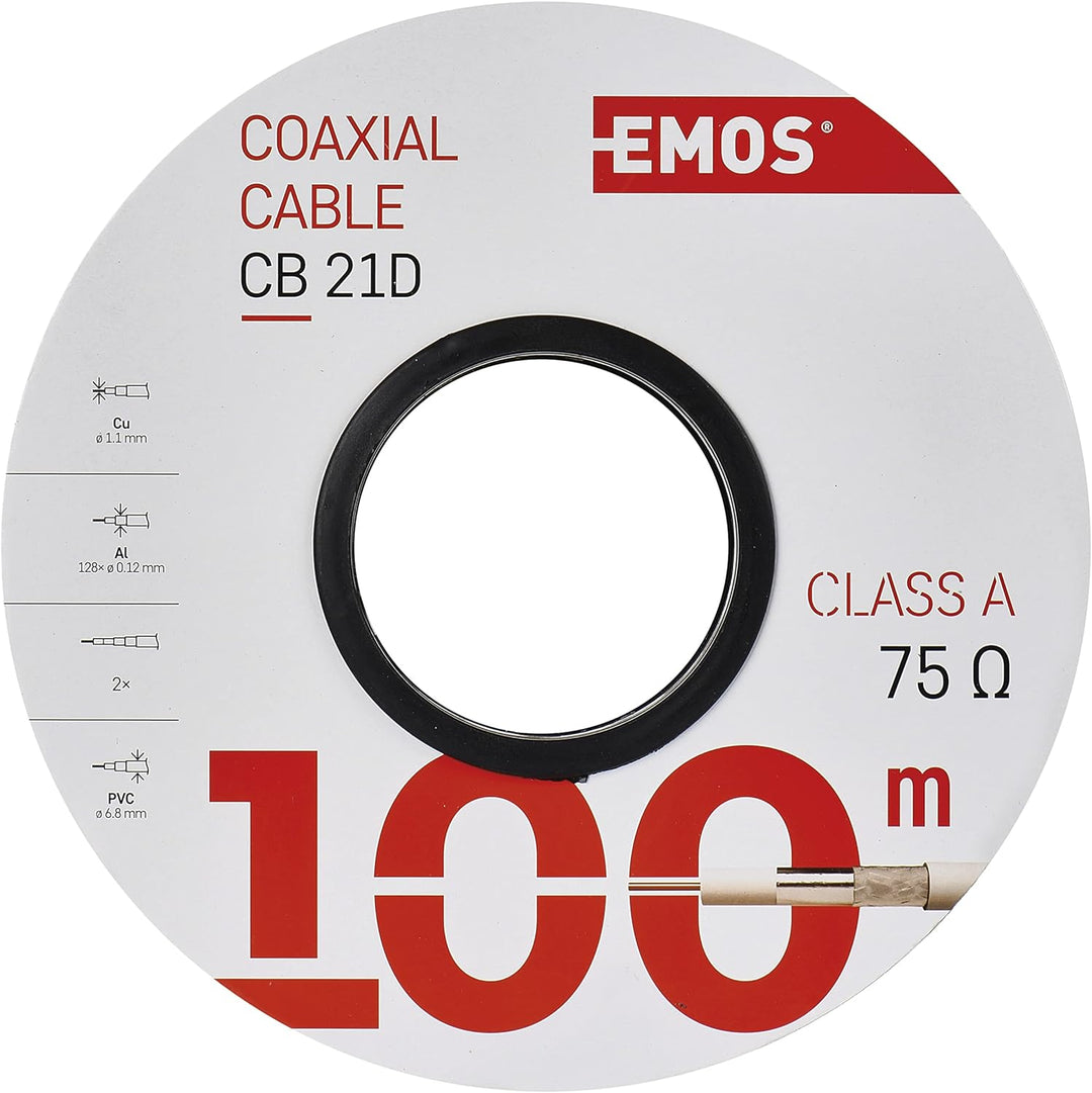 EMOS Antennenkabel 100m weiss, Koaxialkabel CLASS A für SAT, TV und CCTV, Typ CB21D, zweifach geschi