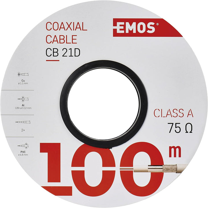 EMOS Antennenkabel 100m weiss, Koaxialkabel CLASS A für SAT, TV und CCTV, Typ CB21D, zweifach geschi