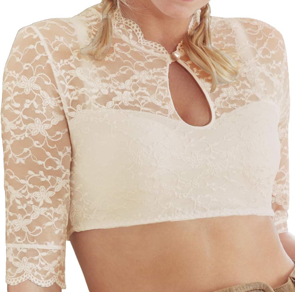 Nina von C. Damen Dirndlbluse Alicia 48464971-3/4 Arm Spitze Hochgeschlossen mit Lochausschnitt - We