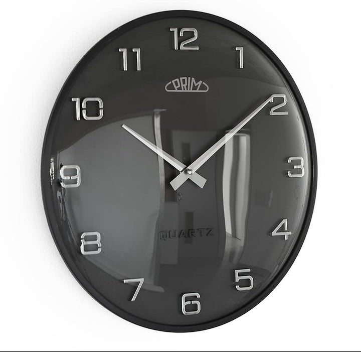 PRIM Design-Kunststoffuhr Bloom II – B, Moderne Wanduhr im Retro Style, Grau, gewölbtes Glas, luxuri