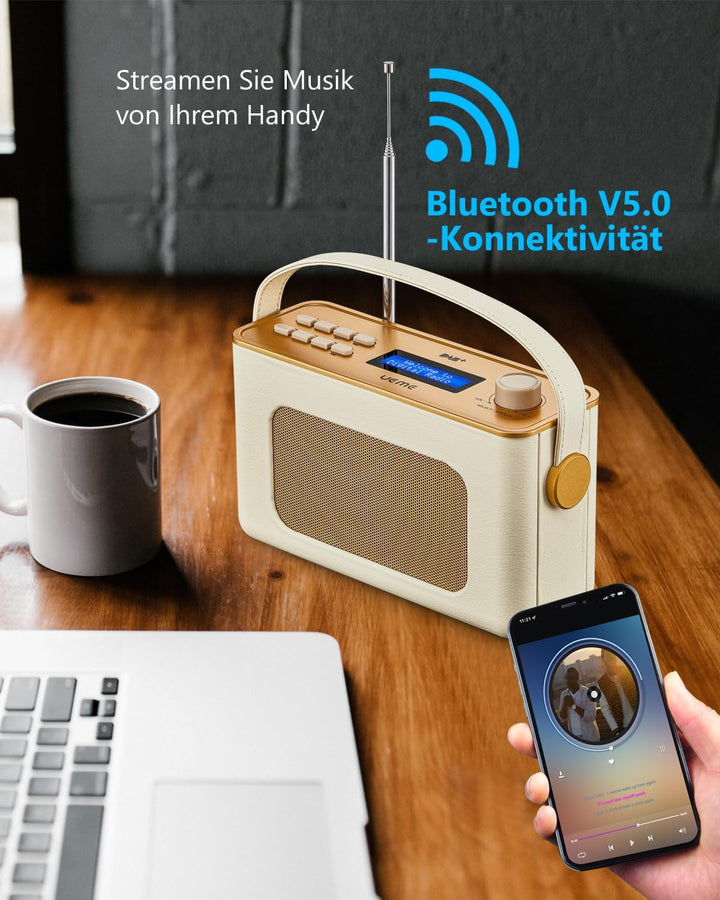 Tragbarer Retro Design DAB Plus/FM Radio, Bluetooth Lautsprecher DAB + Radio mit Wiederaufladbarer L