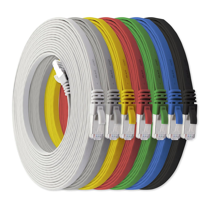 1aTTack.de 7,5m - 7-Farben - 7 Stück Cat7 Flachkabel Netzwerkkabel Cat 7 Rohkabel Gigabit Lan (10Gbi