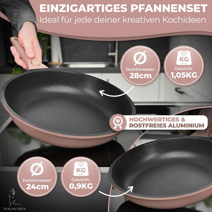 NEU Pfannenset 2-teilig 24, 28 cm mit abnehmbarem Griff, Antihaftbeschichtung, PFOA frei, für Indukt