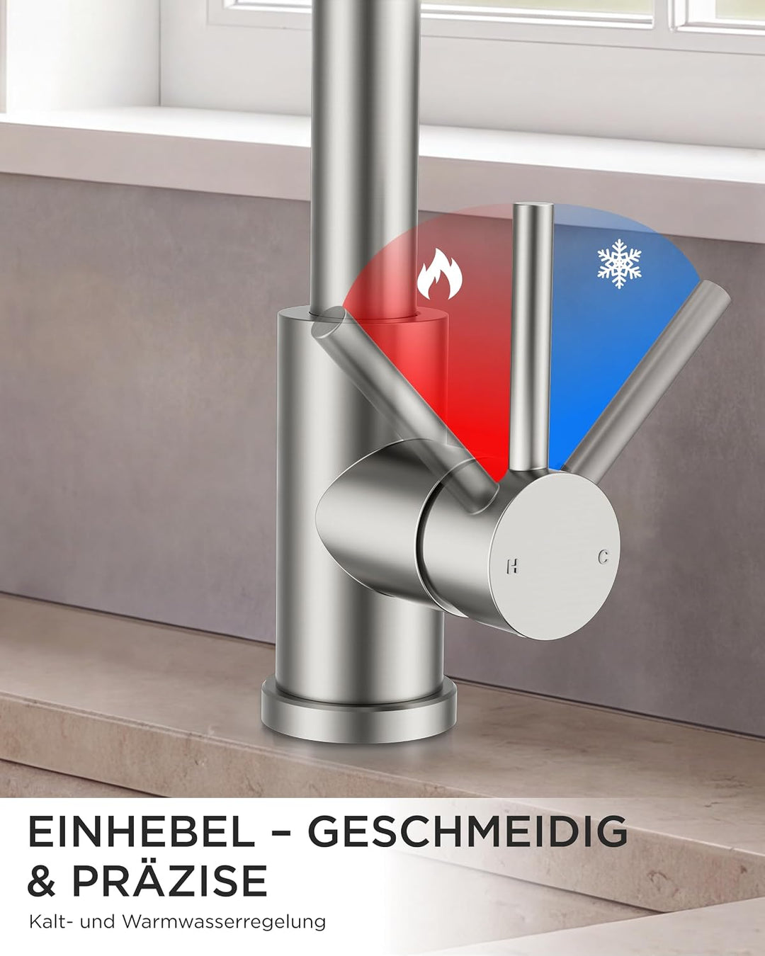 FORIOUS Küchenarmatur, Wasserhahn Küche Mischbatterie, 360° Schwenkbar, Heiss und Kaltwasserregelung