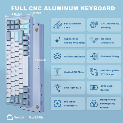 YUNZII AL71 68% mechanische Tastatur, All-Aluminium CNC, Hot-Swap-Ring, 2.4GHz Wireless BT5.0/USB-C