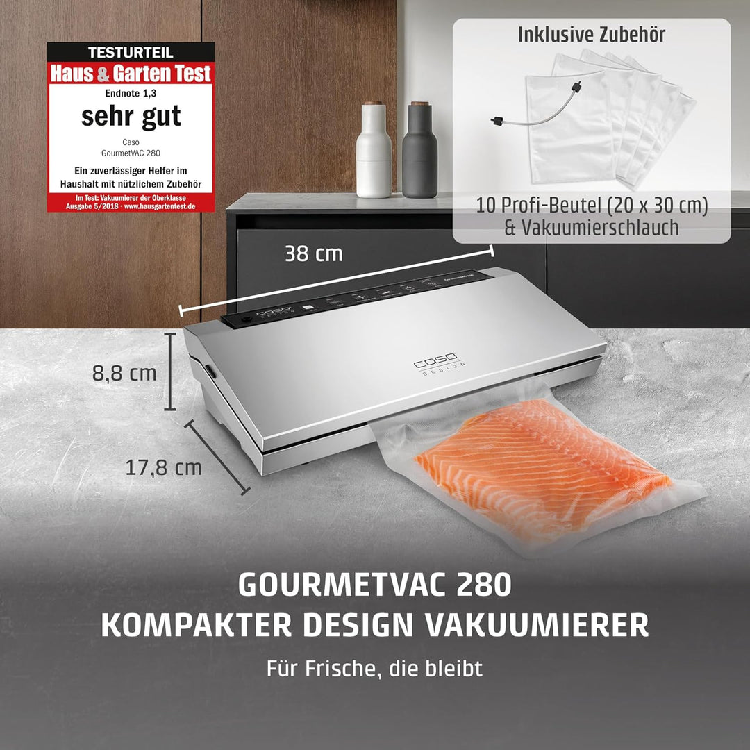 CASO 1385 GourmetVAC 280 - Vakuumierer - doppelte Schweissnaht - Kolbenpumpe (15L/min) und kraftvoll