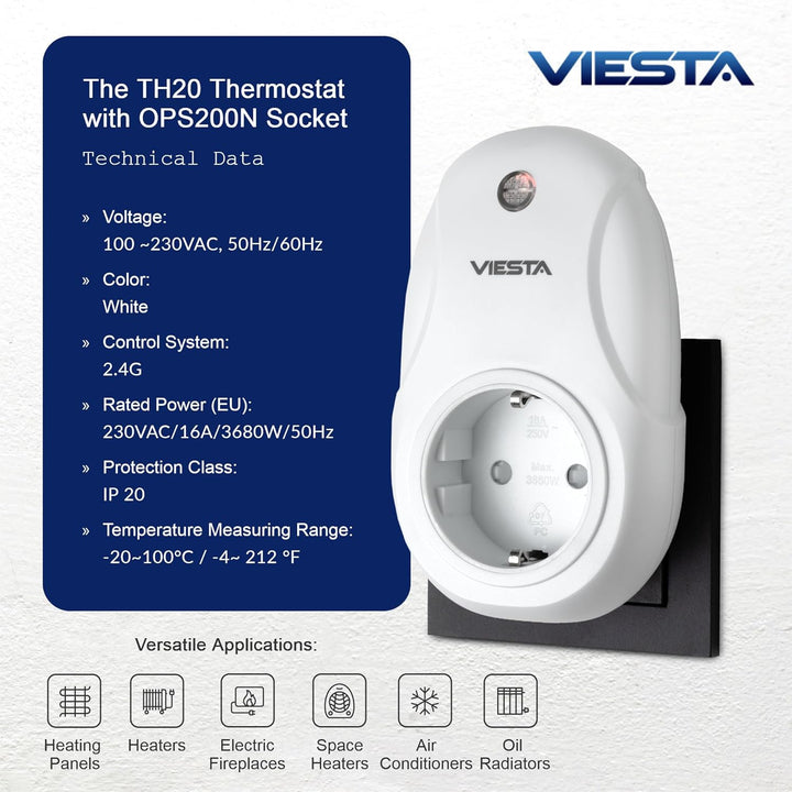 TH20 Funk-Steckdosenthermostat (230V/3600W) – Digital, programmierbar, mit Fernbedienung, Wochenprog