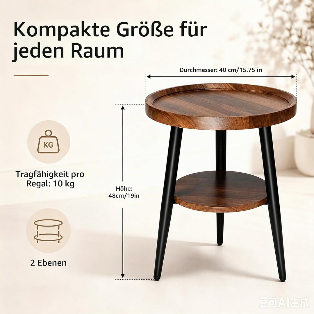 Beistelltisch Rund, Couchtisch Klein mit 2 Ablagen, Kleiner Runder Tisch Einfach zu Montieren (H48X