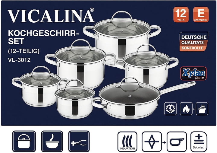 Edelstahl Topfset 12-teilig mit Glasdeckeln – Induktion geeignet – Kochtopf Set für alle Herdarten –