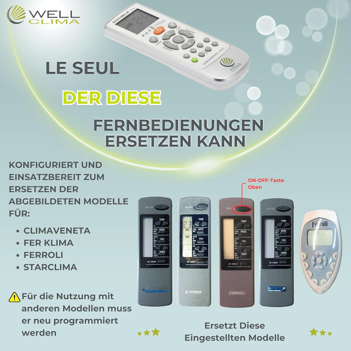 Wellclima, Fernbedienung für Ferroli, Fer Klima, Climaveneta, Starclima Sayonara, einzigartige Alter