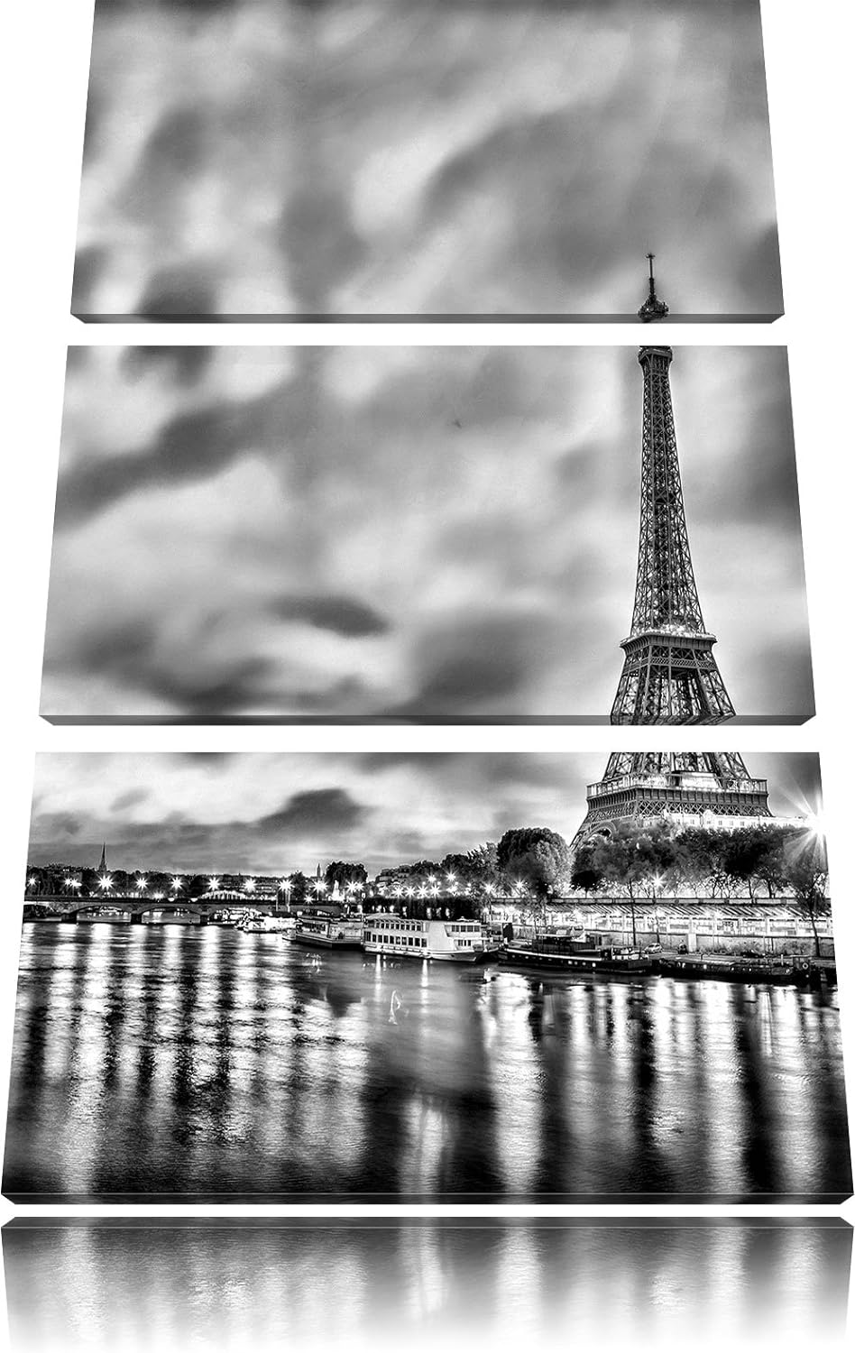 Pixxprint Monocrome, Eifelturm Paris bei Nacht 3-Teiler Leinwandbild 120x80 Bild auf Leinwand