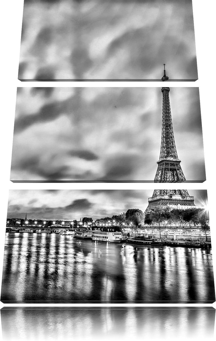 Pixxprint Monocrome, Eifelturm Paris bei Nacht 3-Teiler Leinwandbild 120x80 Bild auf Leinwand