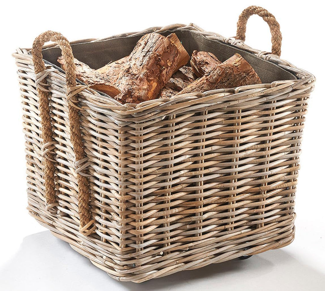 Kobolo Kaminholzwagen mit Rollen Holzkorb für Kaminholz -Rattan- mit Innenfutter aus Jute