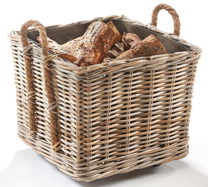 Kobolo Kaminholzwagen mit Rollen Holzkorb für Kaminholz -Rattan- mit Innenfutter aus Jute