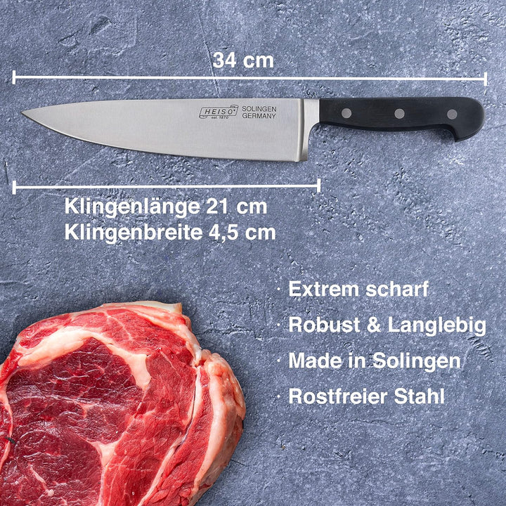 HEISO Kochmesser - handgeschmiedet in Solingen - rostfreie 21cm Klinge - Chefmesser mit extremer Sch