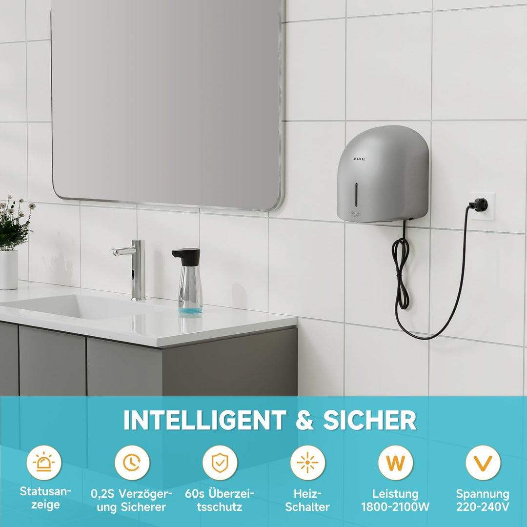 AIKE GentleAir Warmluft Handtrockner, Leise für Zuhause & Bäder, AC220V-240V, Sterntal Silber, Stern