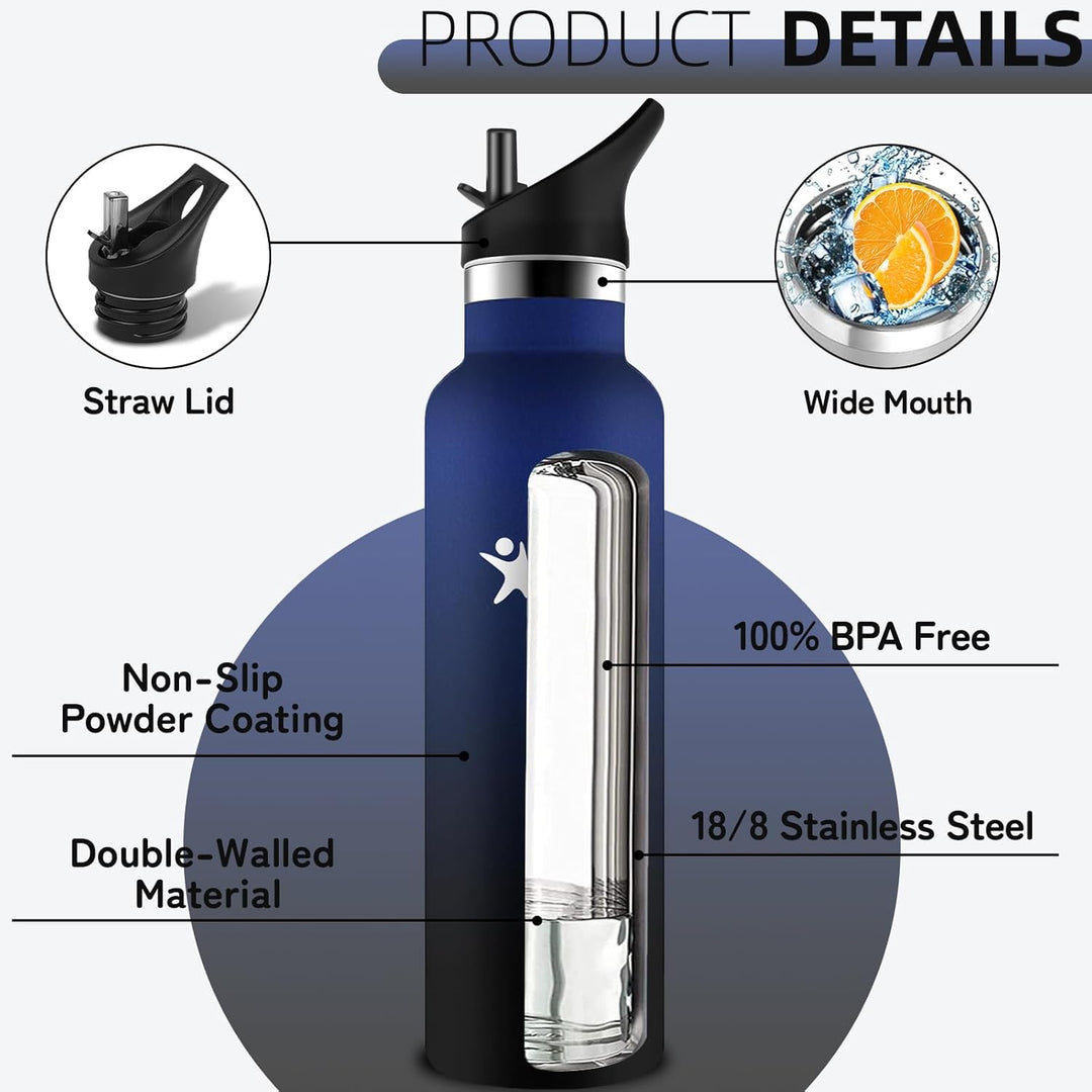 Edelstahl Trinkflasche, Sport Trinkflasche 1 liter, Thermosflasche Mit 2 Deckeln, Doppelwandige Vaku