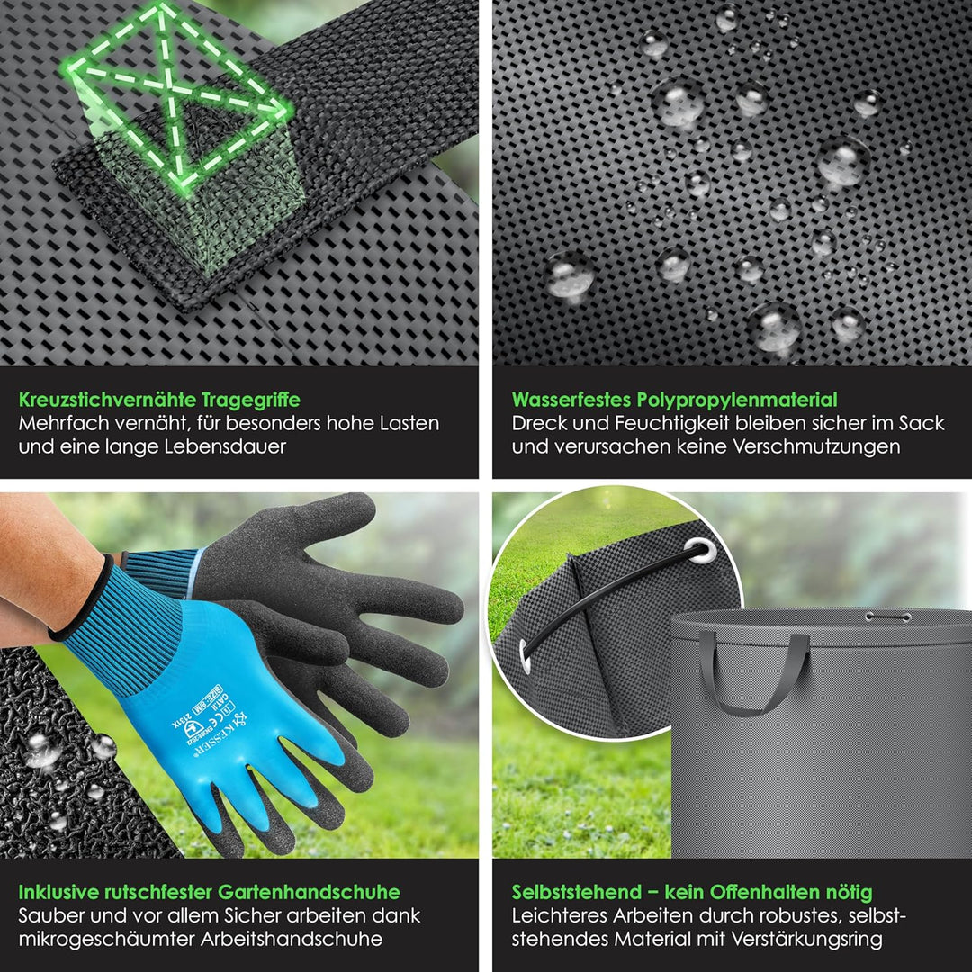 KESSER® Gartensack 3x 272L Set Laubsack Gartenabfallsack inkl. Handschuhe - Selbststehend 4 Griffe S