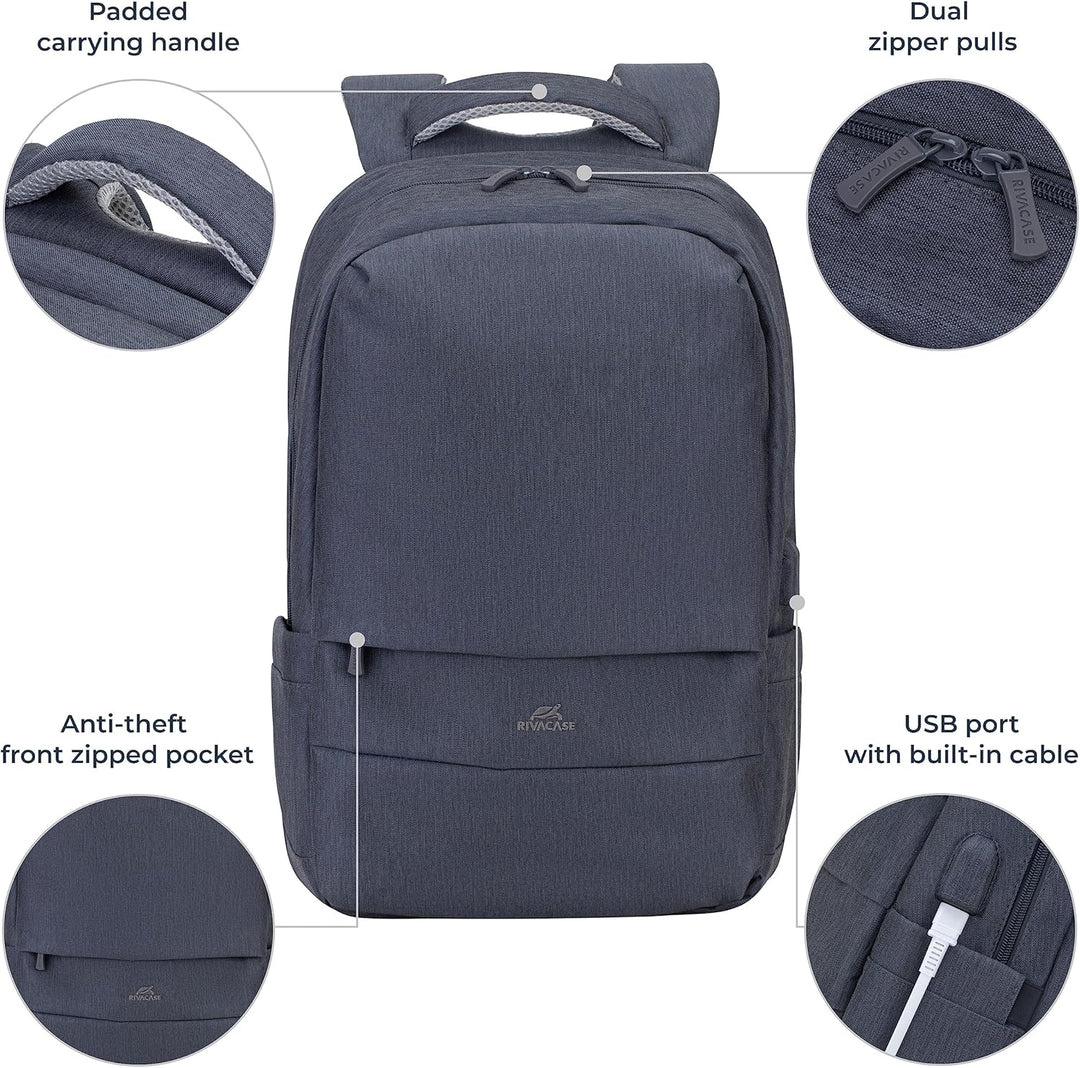 Rivacase Laptoprucksack mit USB-Ladeanschluss - wasserabweisender Notebook-Rucksack bis 17,3 Zoll -