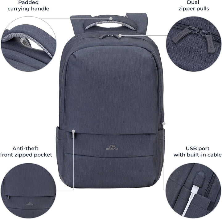 Rivacase Laptoprucksack mit USB-Ladeanschluss - wasserabweisender Notebook-Rucksack bis 17,3 Zoll -