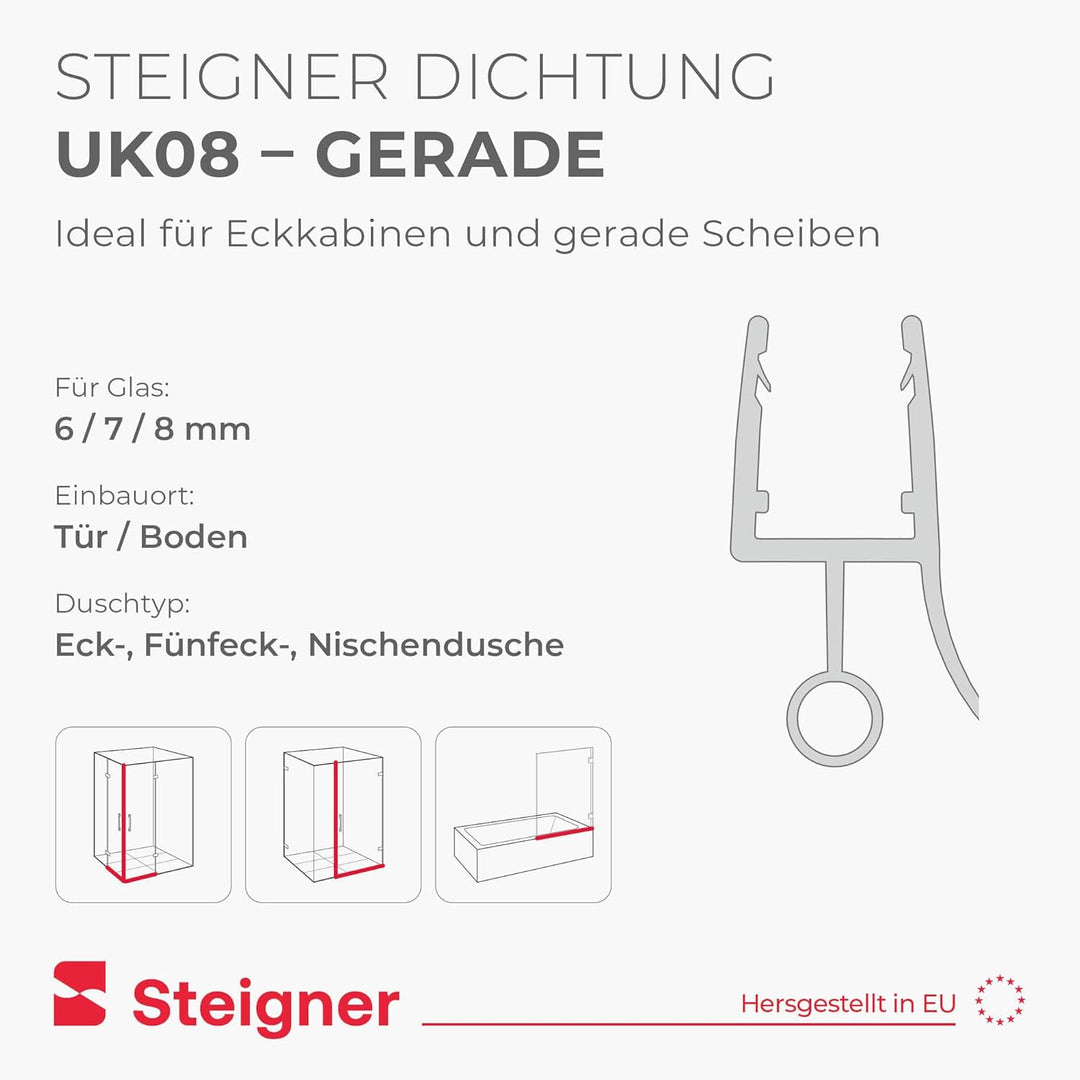 STEIGNER Duschdichtung, 120cm, Glasstärke 6/7/ 8 mm, Gerade PVC Ersatzdichtung für Dusche, UK08 UK08
