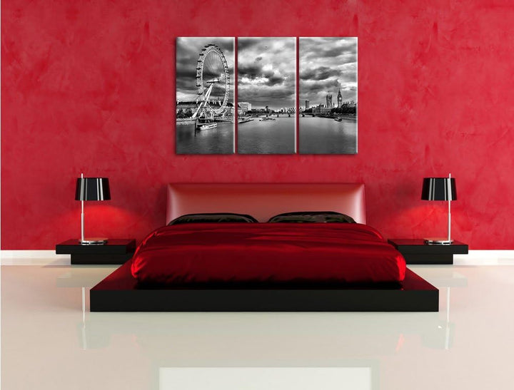 Pixxprint Monocrome, Riesenrad, London Eye 3-Teiler Leinwandbild 120x80 Bild auf Leinwand