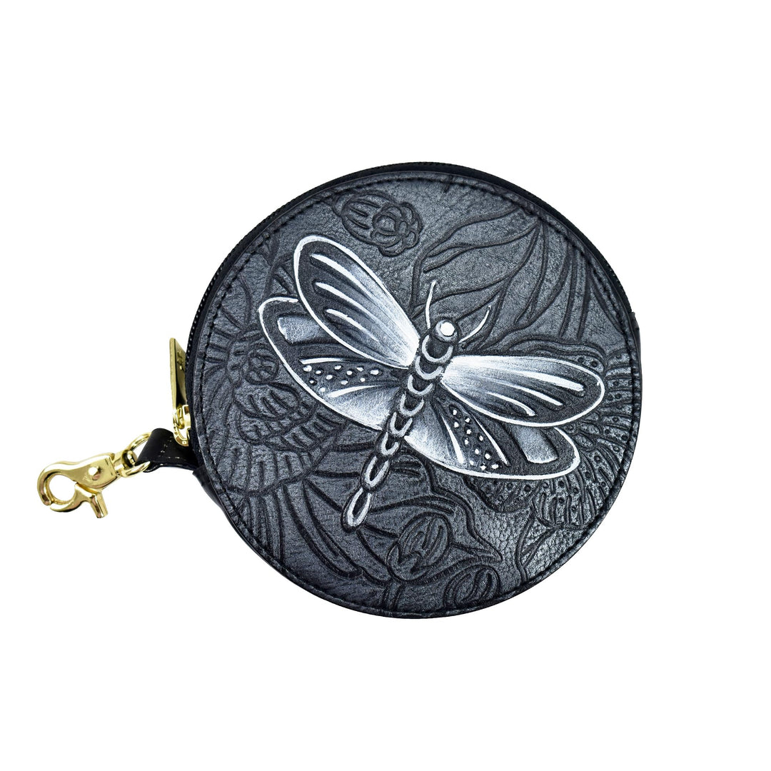 Anuschka Münzbeutel aus Echtleder, handbemalt, Rund - Tooled Dragonfly Meadow, Tooled Dragonfly Mead
