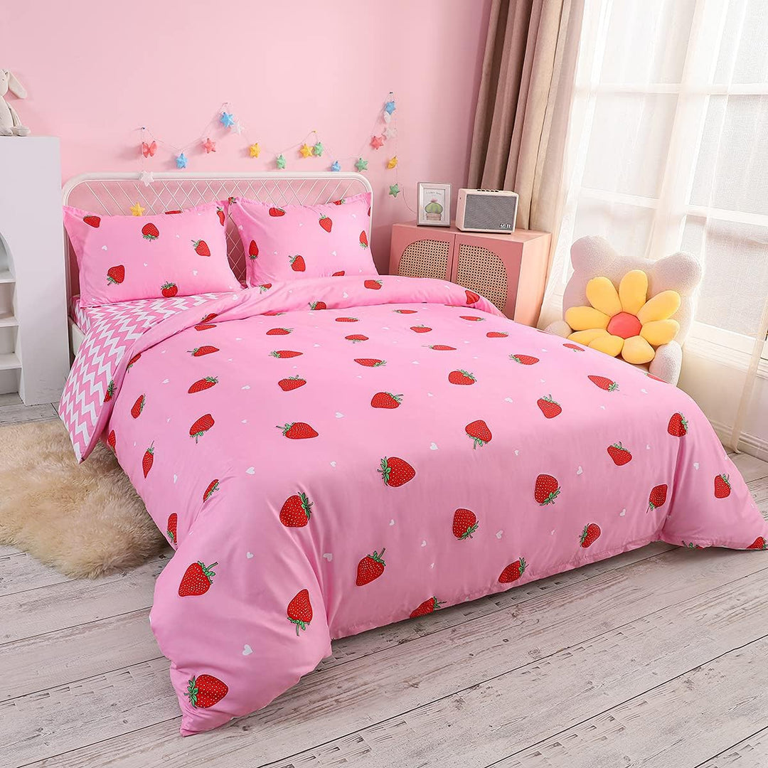 Loussiesd Erdbeere Bettwäsche Set 200x200cm für Kinder Mädchen Frauen Rosa Bettwäsche Erdbeere Muste