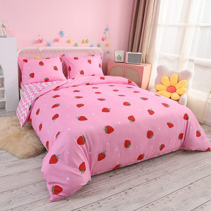 Loussiesd Erdbeere Bettwäsche Set 200x200cm für Kinder Mädchen Frauen Rosa Bettwäsche Erdbeere Muste