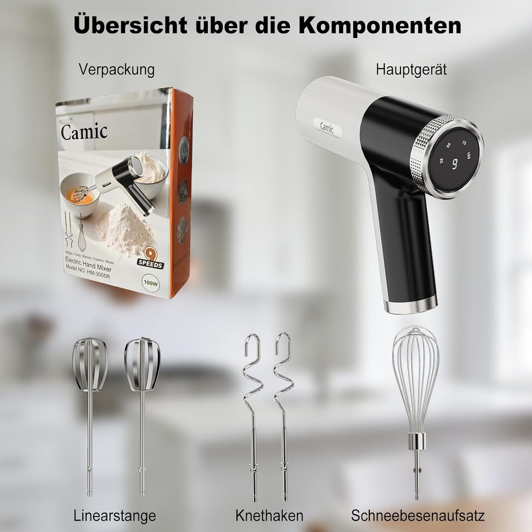 Camic Handmixer mit 9 Geschwindigkeitsstufen, Kabelloser Elektrisch- Handrührgerät mit Schneebesen,