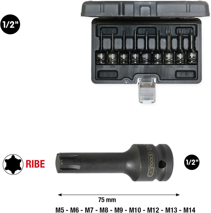 KS Tools 911.0934 1/2" Kraft-Bit-Stecknuss-Satz für RIBE-Schrauben, 9-tlg.