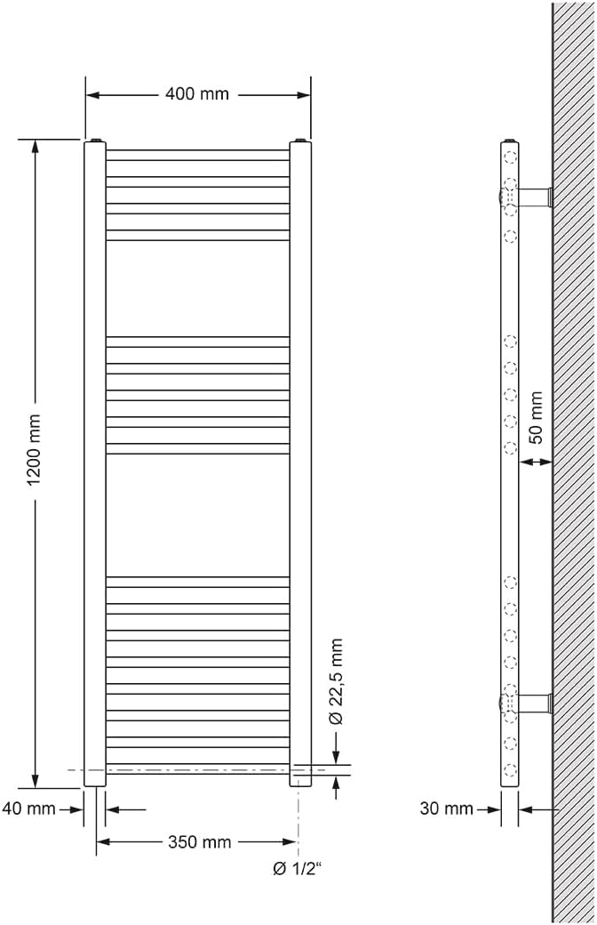 LuxeBath Badheizkörper Elektrisch mit Heizstab 900W Grosse Leistung - 400 x 1200 mm - Chrome - gerad