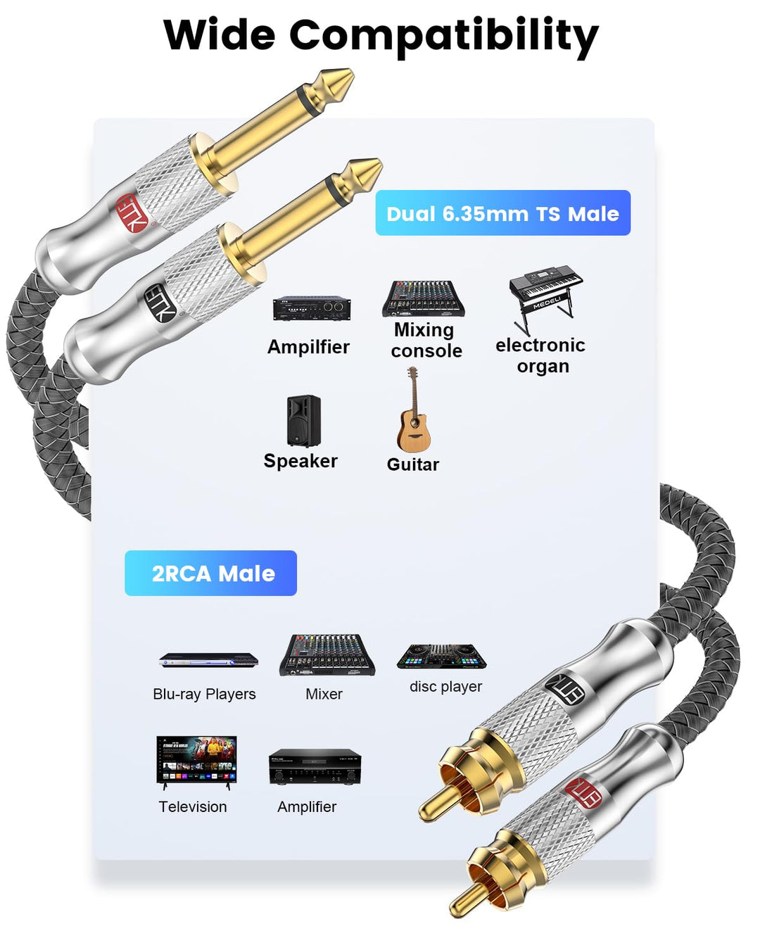 EMK Dual RCA auf Dual 1/4 Zoll Kabel, 2x Cinch auf 2x 6.35mm TS Mono Audio Kabel, Patchkabel für Ver