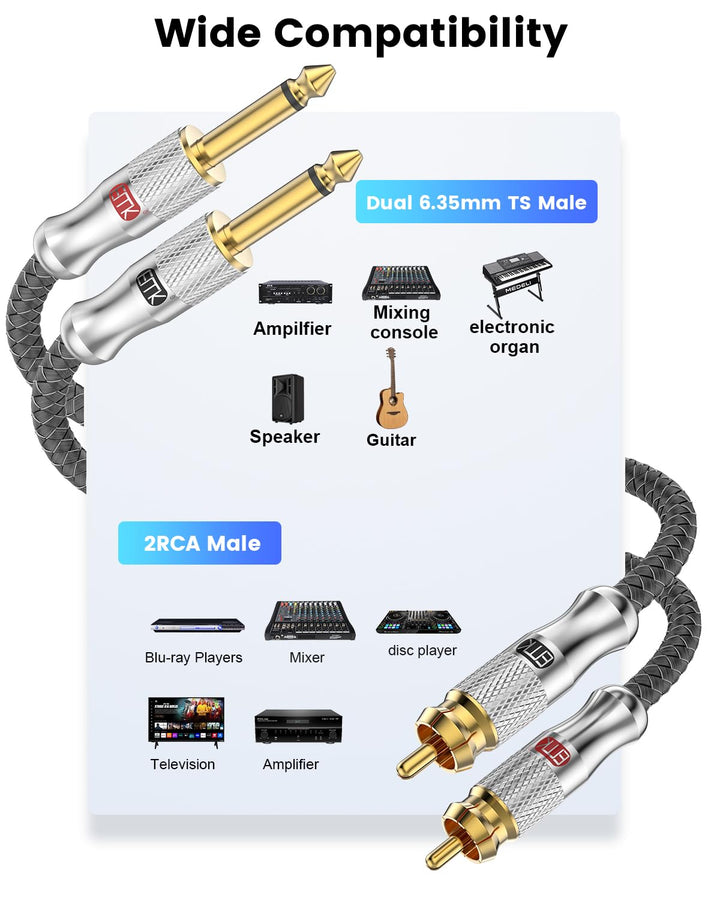 EMK Dual RCA auf Dual 1/4 Zoll Kabel, 2x Cinch auf 2x 6.35mm TS Mono Audio Kabel, Patchkabel für Ver