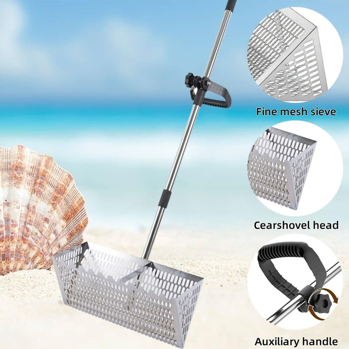 Sand Flohrechen Set, Edelstahl Strand Sandsieb mit 15,8 Zoll Haifischzahn, breiter Korb, Kohlenstoff