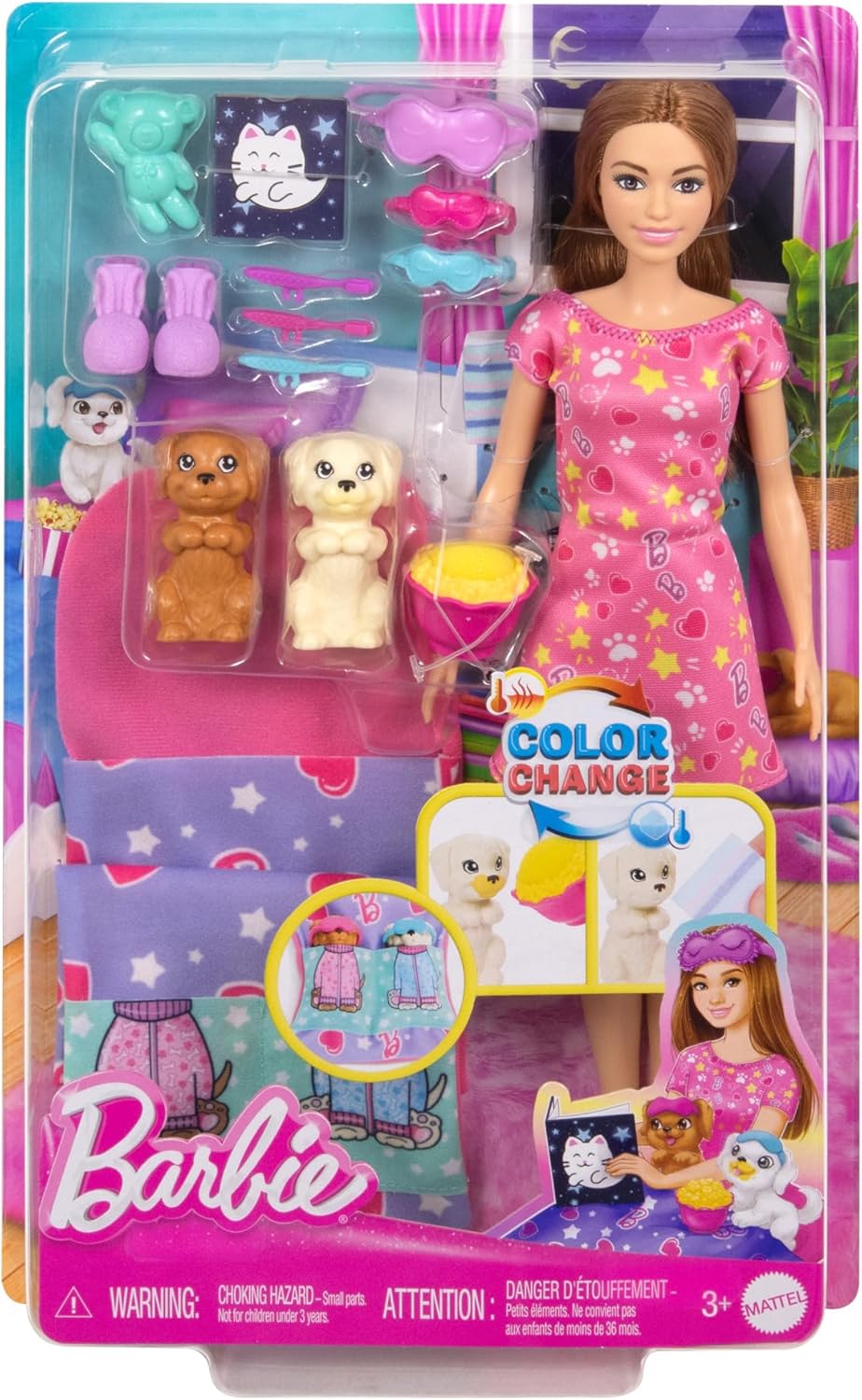 Barbie-Puppe und Spielset mit 2 Spielzeughunden und mehr als 10 Zubehörteilen, Welpen-Pyjama-Party m