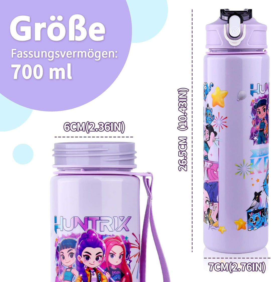 700 ml Trinkflasche mit Strohhalm – Doppelseitiges Cartoon Motiv, auslaufsicherer Trinkbecher mit De