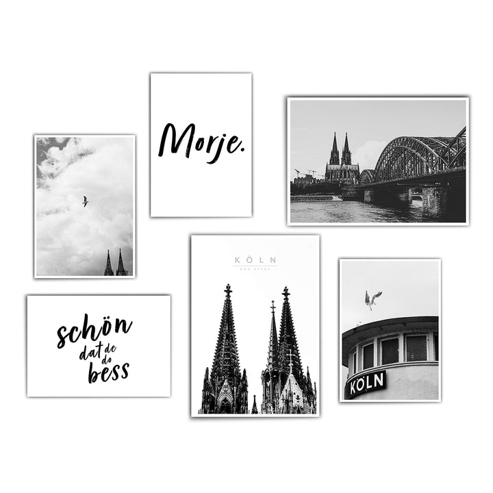 Köln Bilder Set - Schwarz Weiss - 6er Set Köln Poster - Cologne - Dom - Köln Spruch - Wohnzimmer Bil