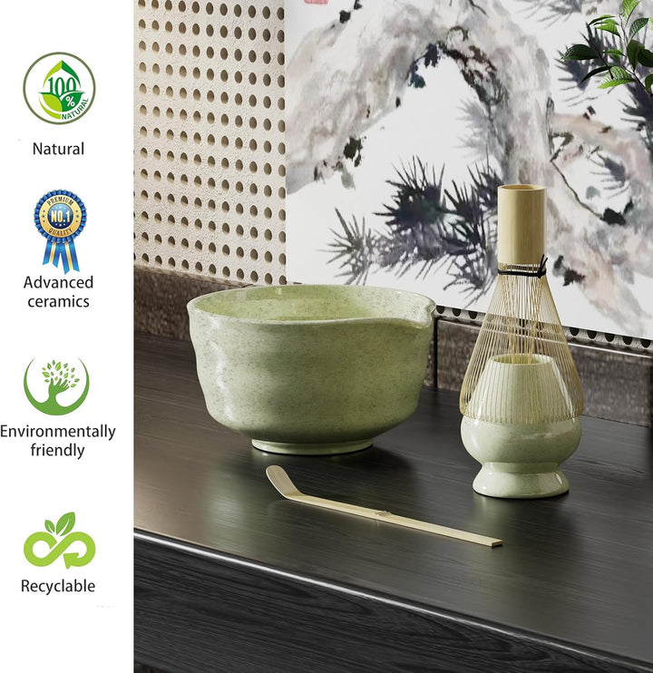 Matcha Set 4-teilig – Japanisches Matcha Tee Set mit Keramik Schale, Bambus Besen, Besenhalter & Cha