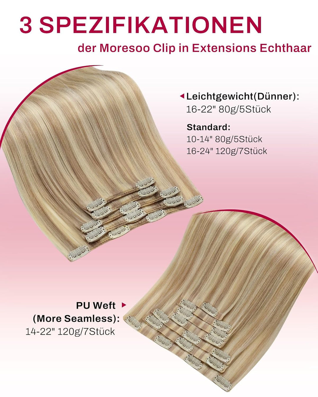 Moresoo Clip in Extensions Echthaar Blond Extensions Clip Echthaar Remy Goldblond mit Mittelblond Ha