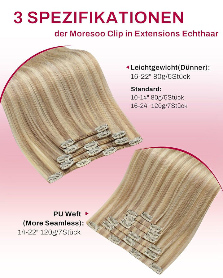 Moresoo Clip in Extensions Echthaar Blond Extensions Clip Echthaar Remy Goldblond mit Mittelblond Ha