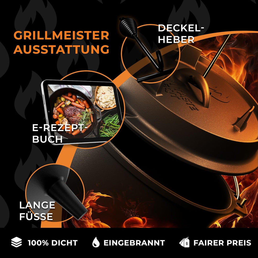 IRON TASTE Dutch Oven Set 12L - Eingebrannter Dutch Oven 12 Liter - Feuertopf Gusseiserner Topf mit