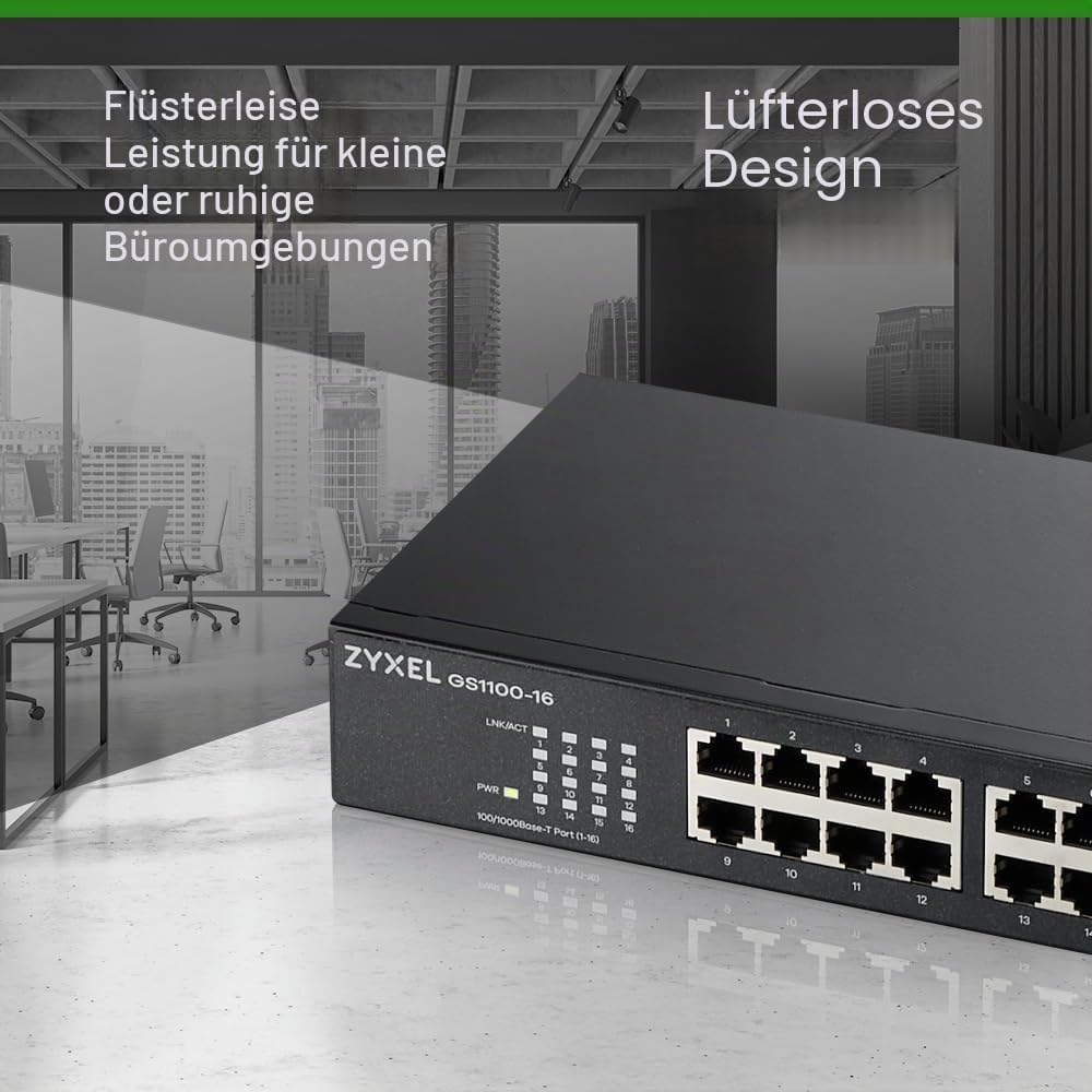 Zyxel 16-Port Gigabit Ethernet Unmanaged Switch - Design ohne Lüfter [GS1100-16v3] Single, Single