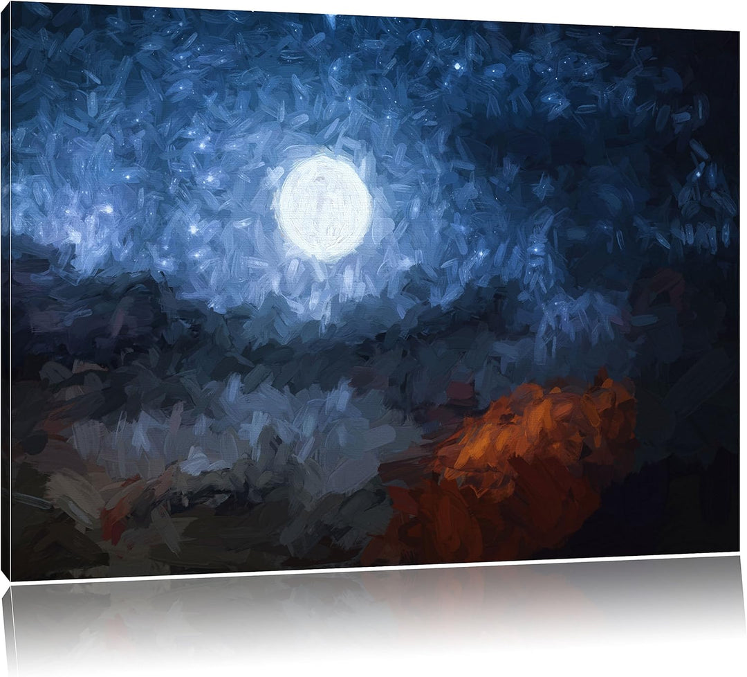 Pixxprint Leuchtender Mond am Nachthimmel Kunst Pinsel Effekt, Format: 100x70 auf Leinwand, XXL ries