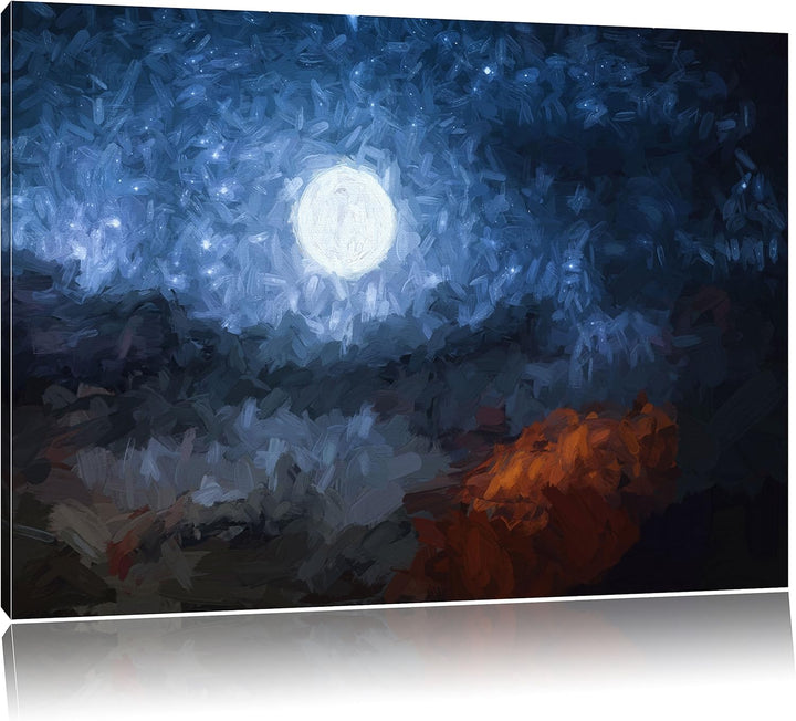 Pixxprint Leuchtender Mond am Nachthimmel Kunst Pinsel Effekt, Format: 100x70 auf Leinwand, XXL ries