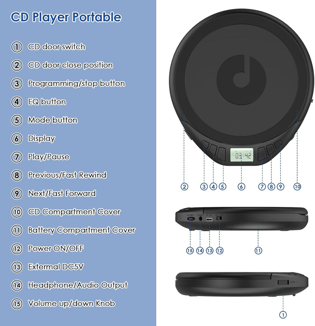 Gueray CD Player Tragbar CD Players Kinder Tragbarer CD-Player fürs Auto Discman mit Kopfhörer LCD-D