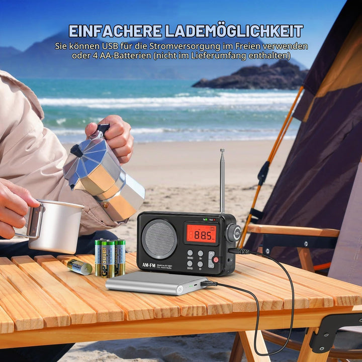 Tendak Radio Batteriebetrieben FM UKW AM, Radio Klein mit Grosses Display/Timing-Funktion/Wecker, Tr