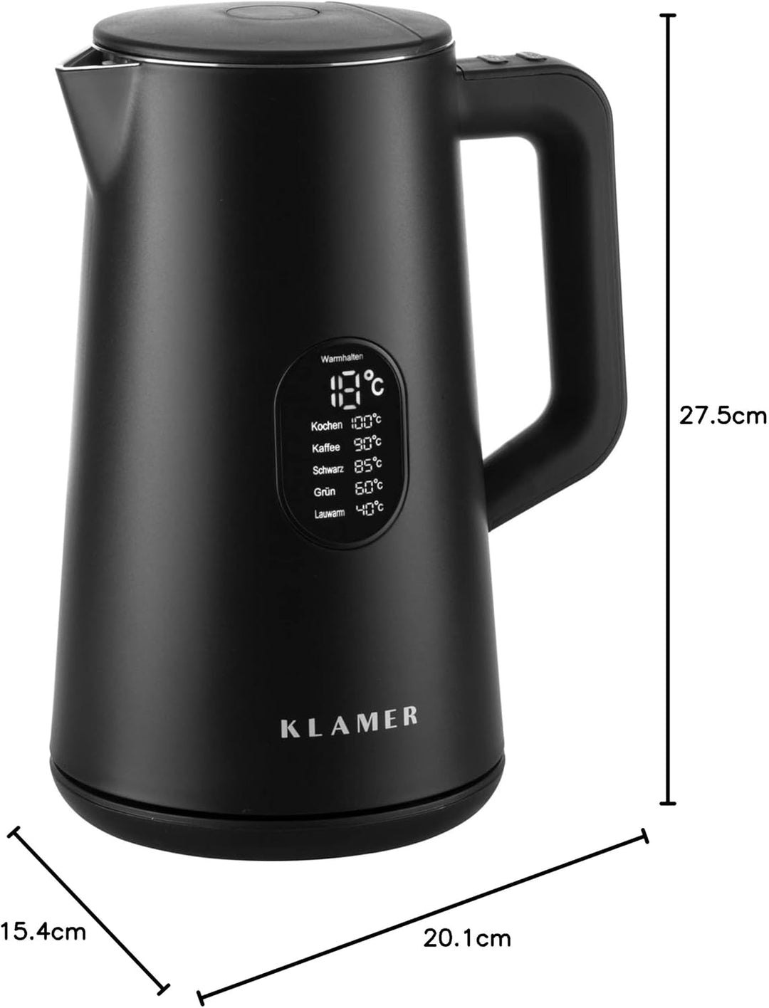 KLAMER Edelstahl Wasserkocher mit Temperatureinstellung 40-100°C, Warmhaltefunktion, mattschwarzes K