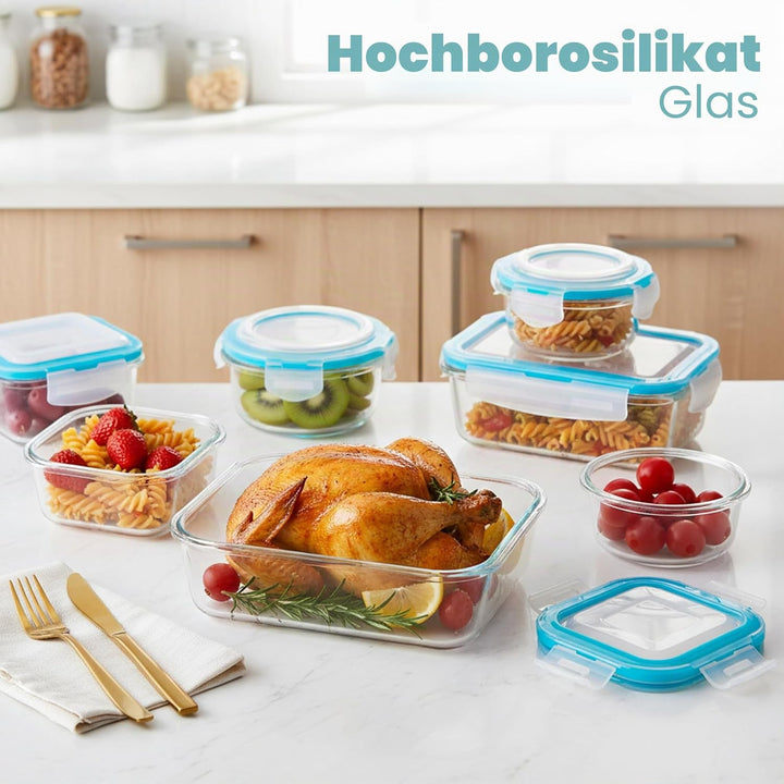 KICHLY Vorratsbehälterset für Lebensmittel aus Glas - 18 Teile (9 Behälter und 9 Deckel) - Transpare